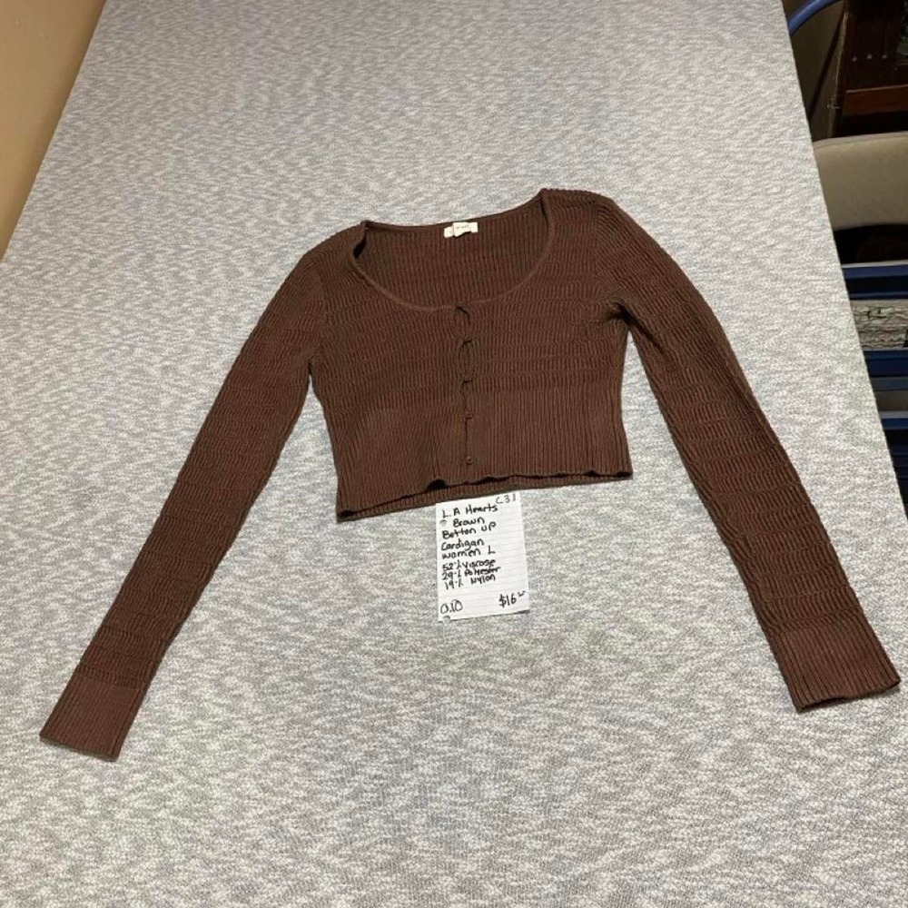 L.A Hearts Brown ribbed knit button-up cardigan/top women L . SKU-C31#cardigan